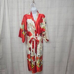 Tang Yi Red White Asian Geisha Kimono Robe Satin Lounge S